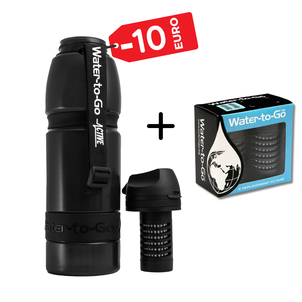 Bundle: Neue Active 100 - Trinkflasche 1.0 Liter mit integriertem Filter in Jet-black + Doppelpack Filter